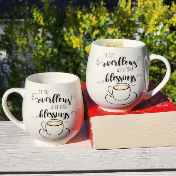 Set of 2 Ceramic Coffee Mug‎ Double Sided My Cup Overflows With Your Blessings - Picture 8 of 14